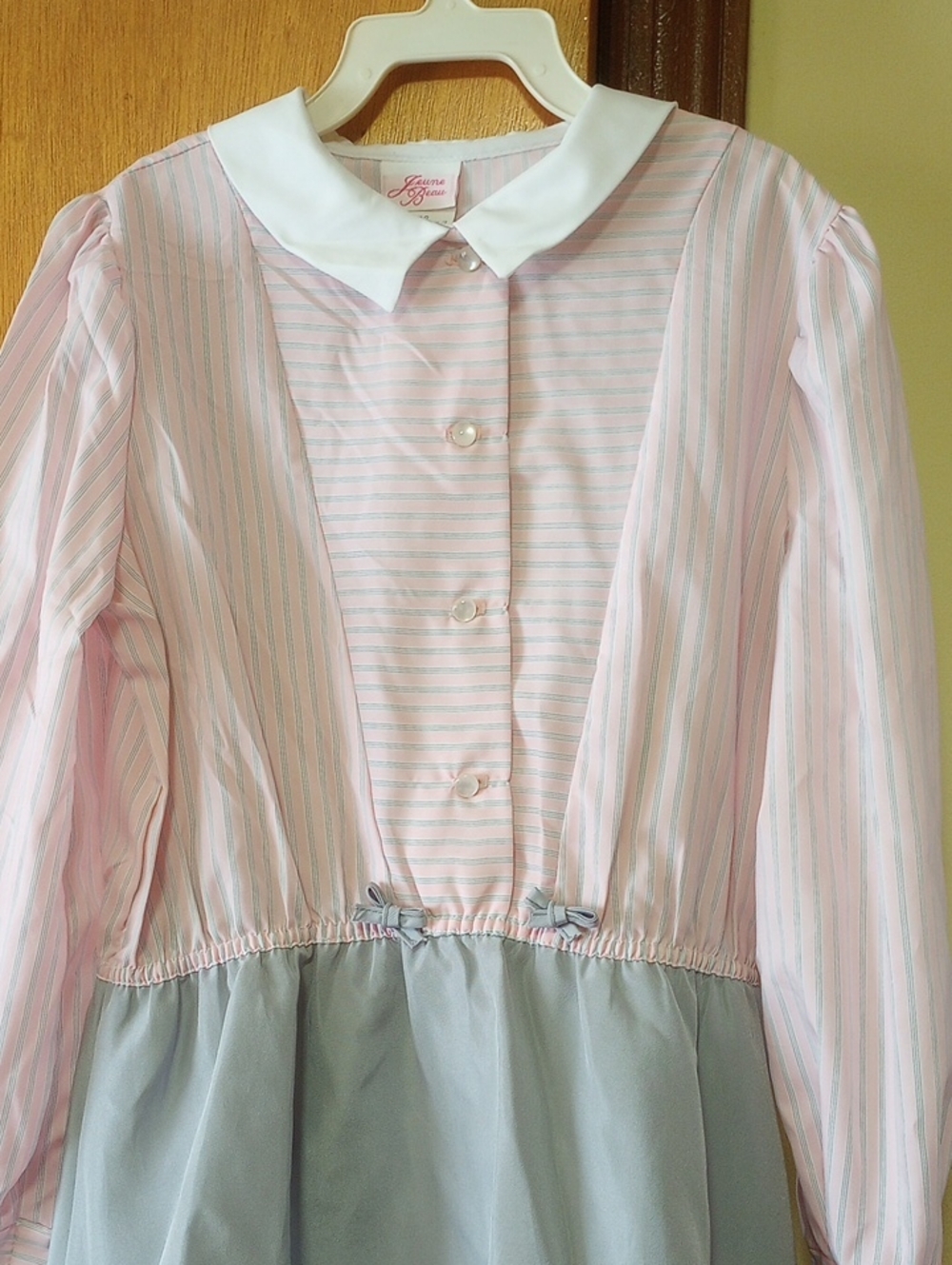 Jeune Beau Pink & Silver Vintage Long-Sleeved Striped Dress w/ Bows, Sz 12